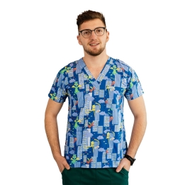 Bluza medicala imprimata Lotus, cu buzunar, Dino City