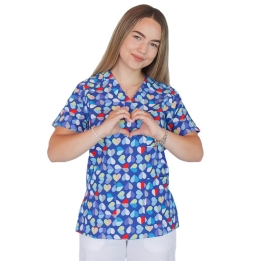 Bluza medicala imprimata, bumbac si elastan, Multi Heart