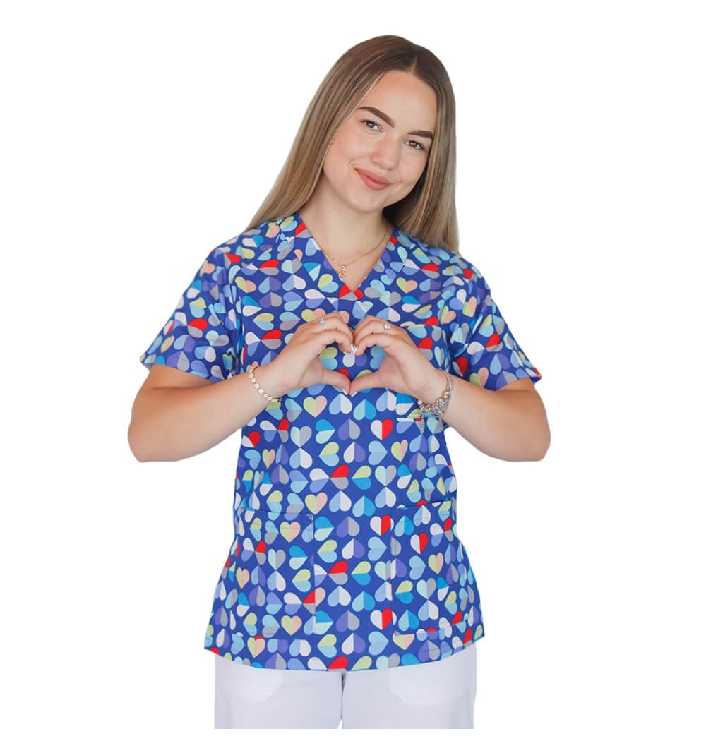 Bluza medicala imprimata, bumbac si elastan, Multi Heart