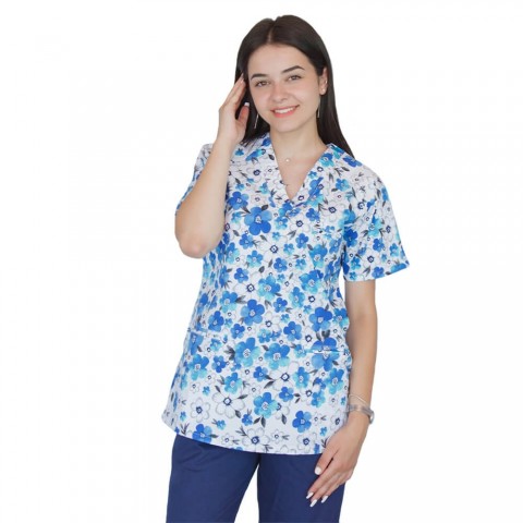 Bluza medicala imprimata, bumbac si elastan, Spring