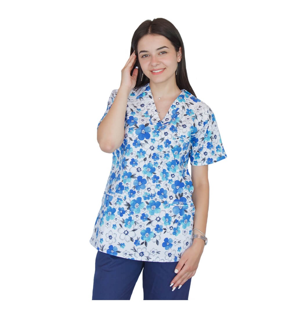 Bluza medicala imprimata, bumbac si elastan, Spring