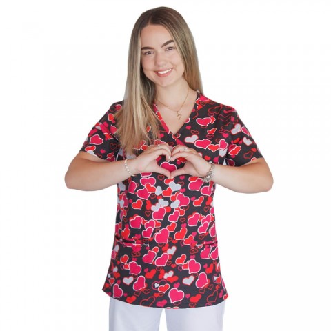 Bluza medicala imprimata, bumbac si elastan, Winning Hearts