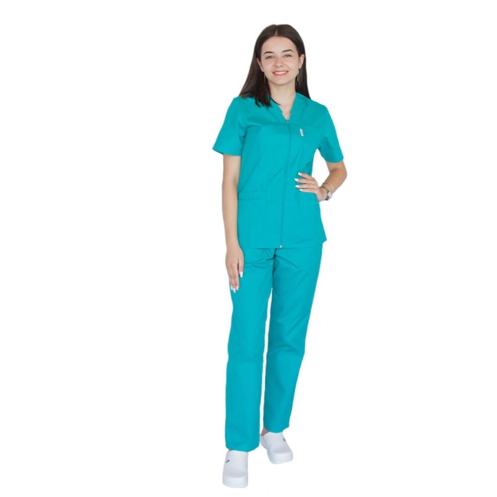 Bluza in V cu fermoar si maneca scurta, Lotus 2, verde chirurgical - imagine 1