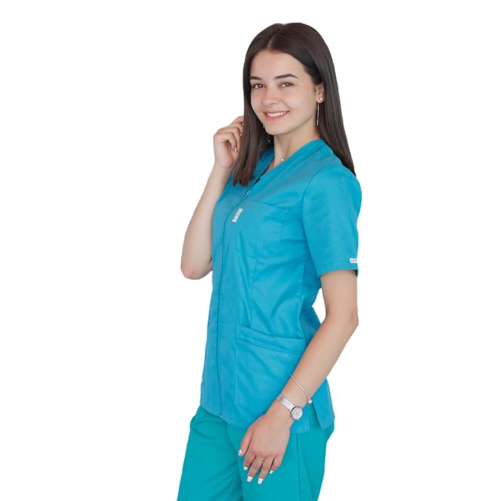 Bluza in V cu fermoar si maneca scurta, Lotus 2, turcoaz - imagine 1