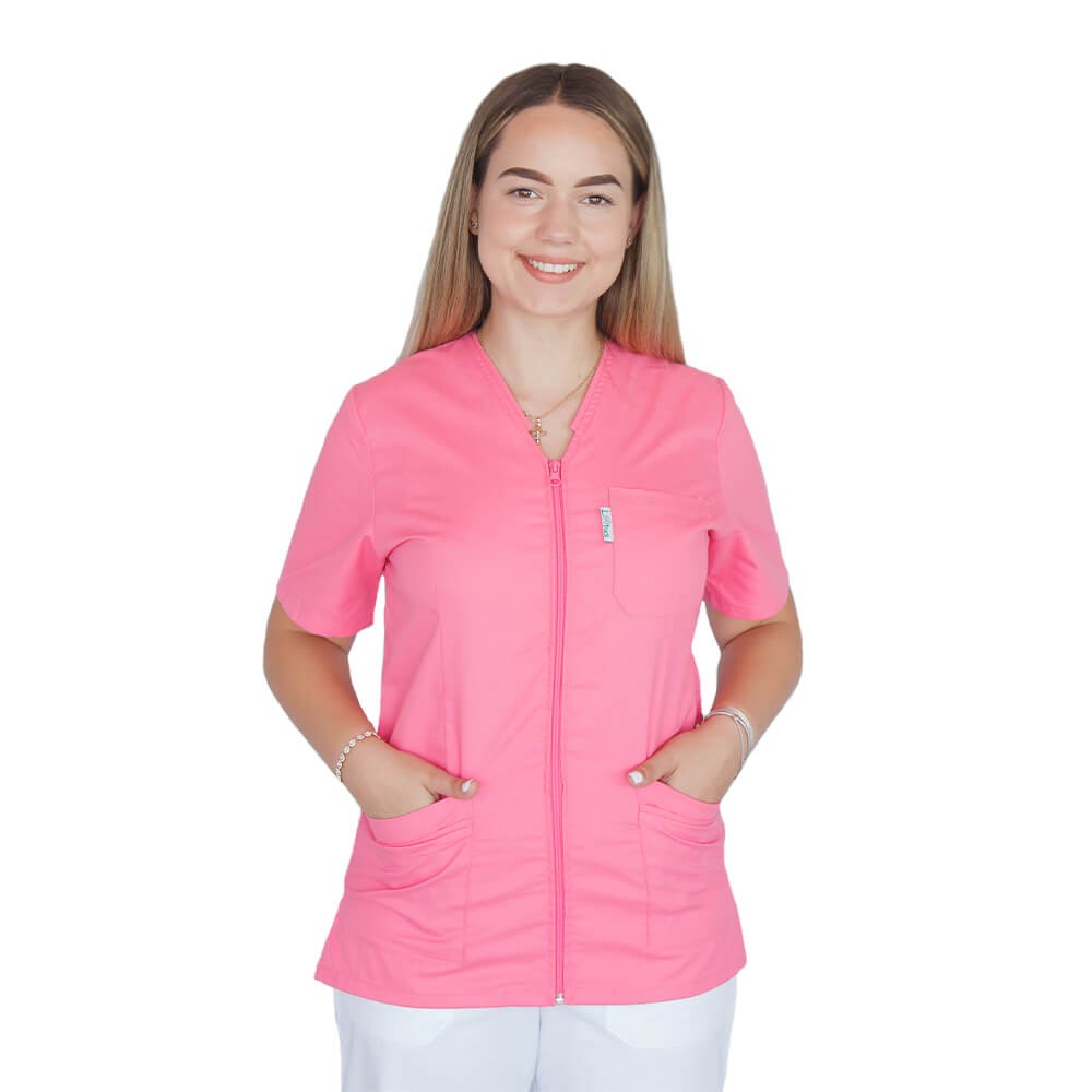 Bluza in V cu fermoar si maneca scurta, Lotus 2, roz