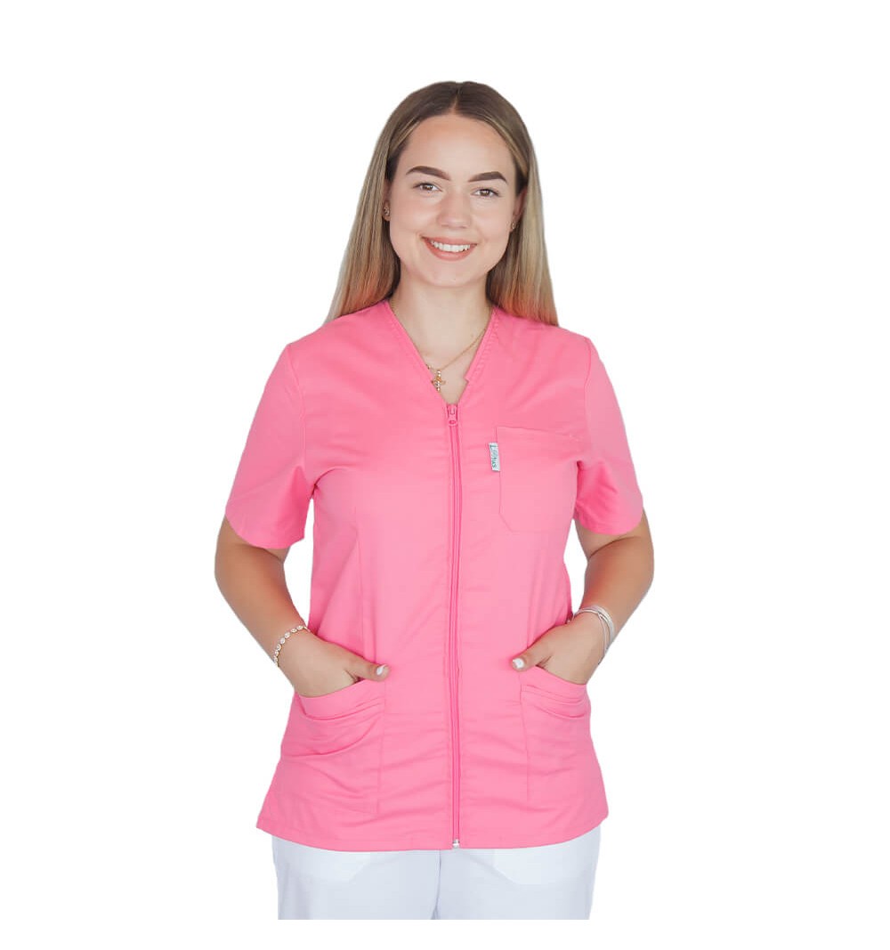 Bluza in V cu fermoar si maneca scurta, Lotus 2, roz