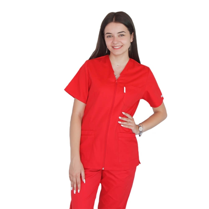 Bluza in V cu fermoar si maneca scurta, Lotus 2, rosu - imagine 1