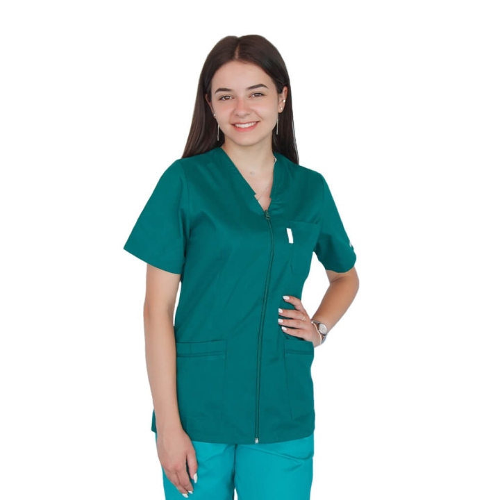 Bluza in V cu fermoar si maneca scurta, Lotus 2, verde hunter - imagine 1