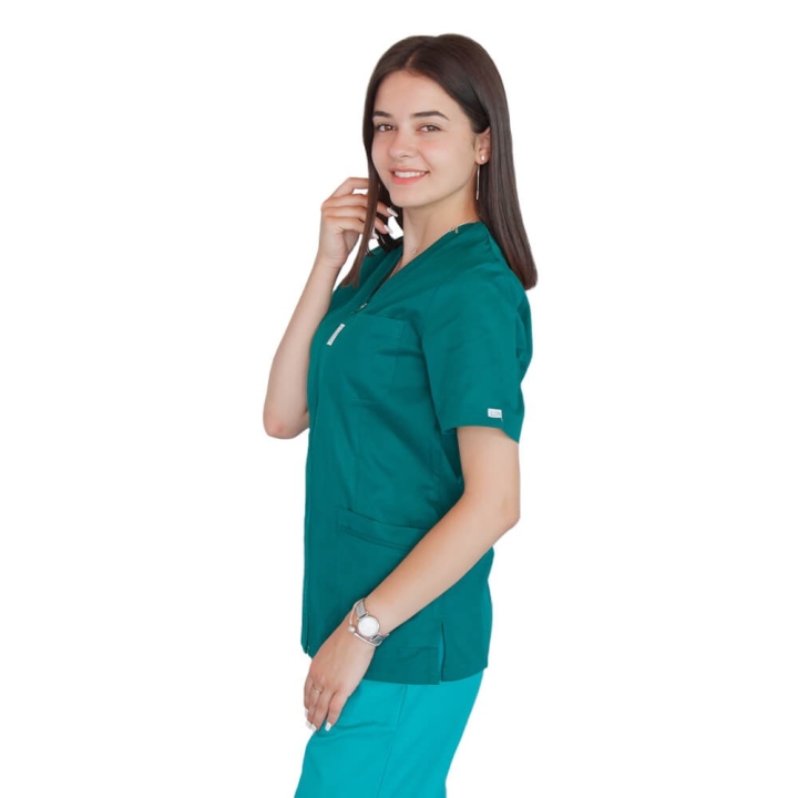 Bluza in V cu fermoar si maneca scurta, Lotus 2, verde hunter - imagine 2