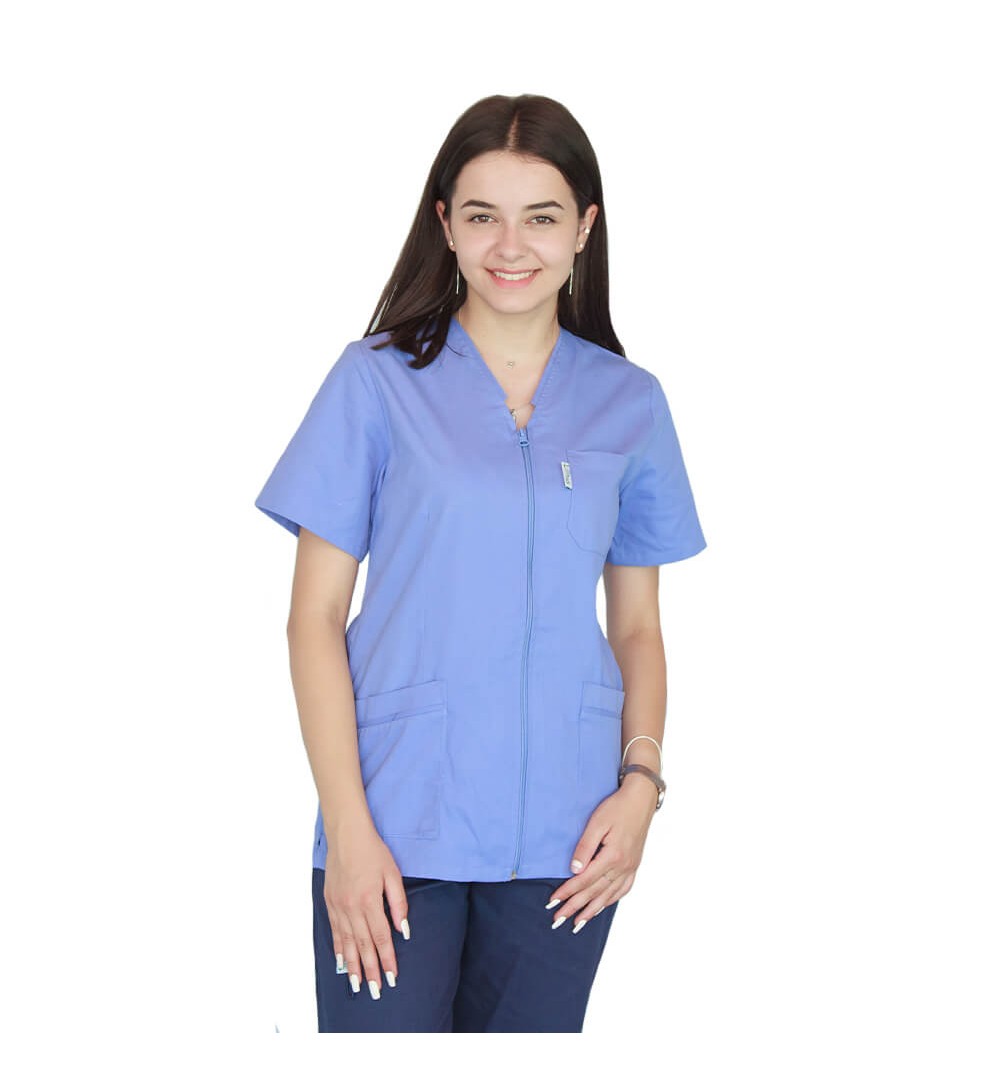 Bluza in V cu fermoar si maneca scurta, Lotus 2, albastru ciel