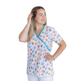 Bluza medicala imprimata Lotus 1, guler asimetric, Happy Owl