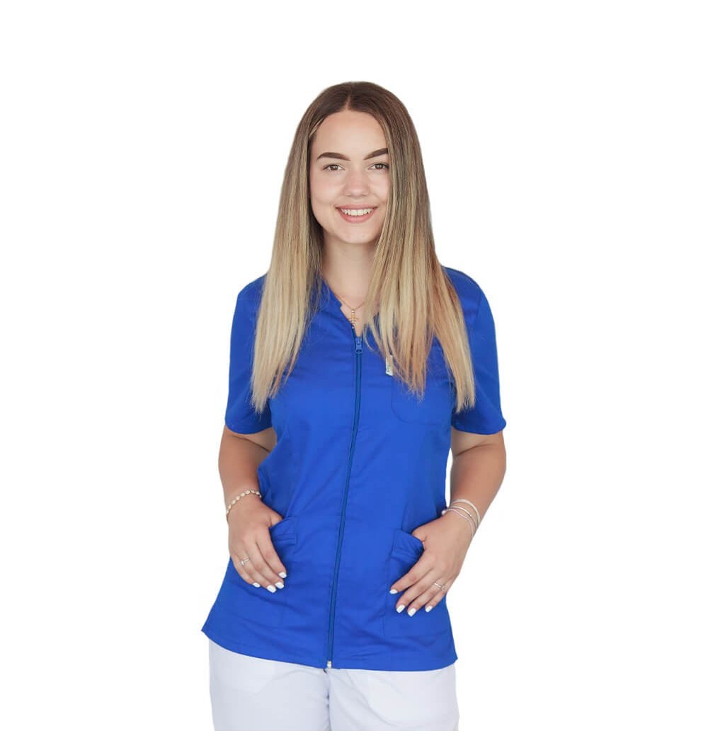 Bluza in V cu fermoar si maneca scurta, Lotus 2, albastru royal