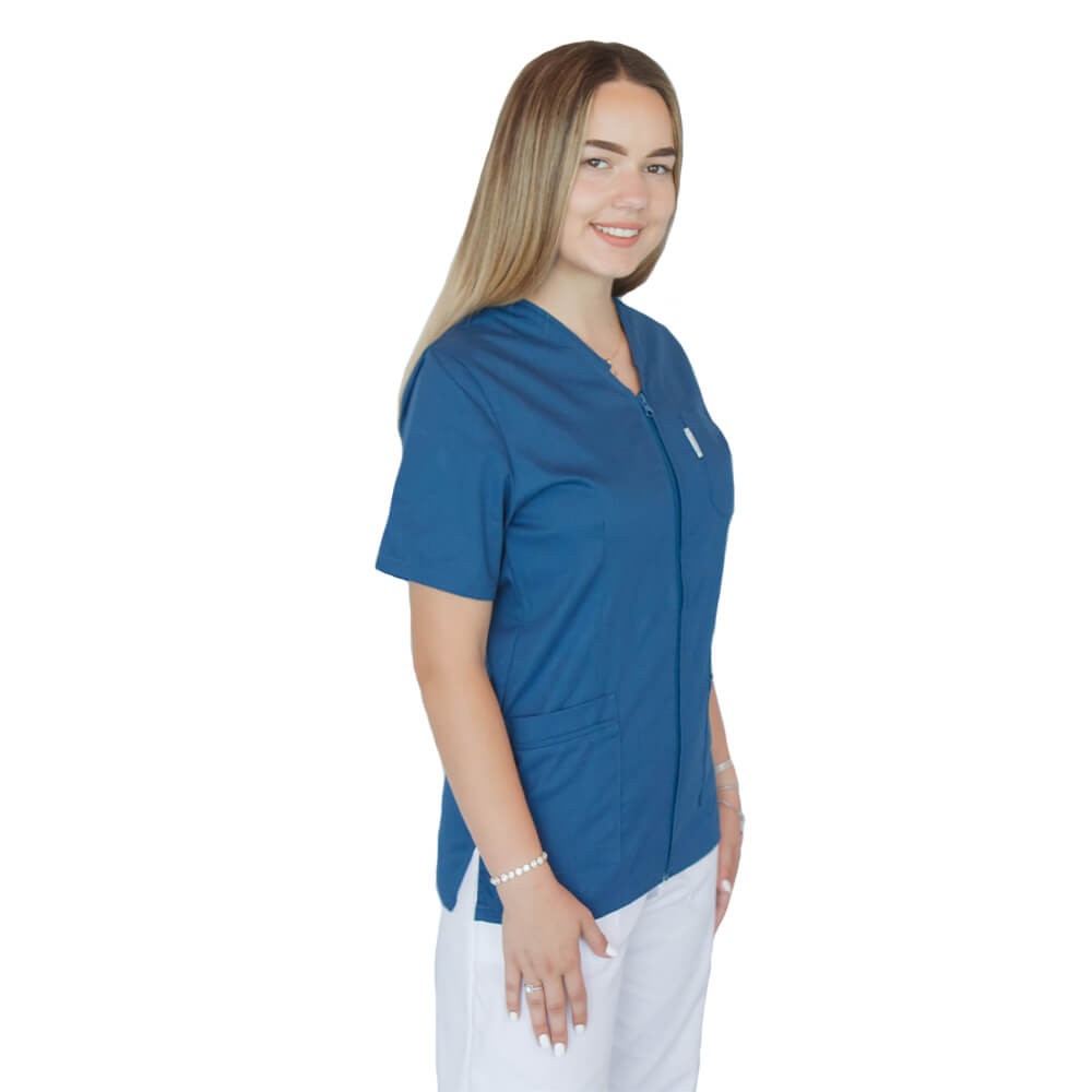 Bluza in V cu fermoar si maneca scurta, Lotus 2, turcoaz inchis
