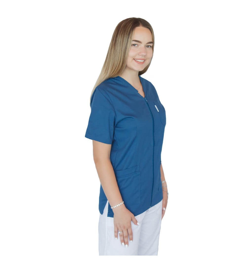 Bluza in V cu fermoar si maneca scurta, Lotus 2, turcoaz inchis