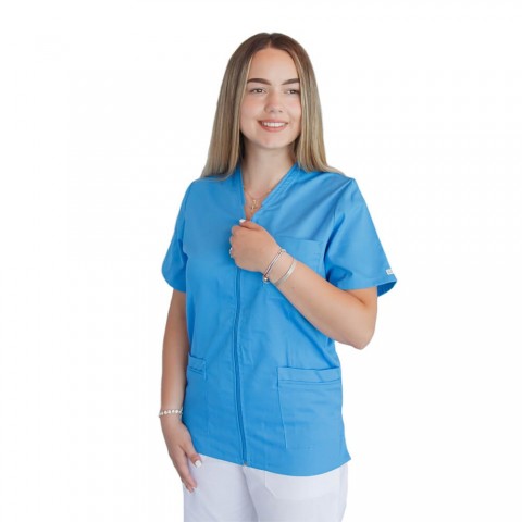 Bluza in V cu fermoar si maneca scurta, Lotus 2, albastru deschis
