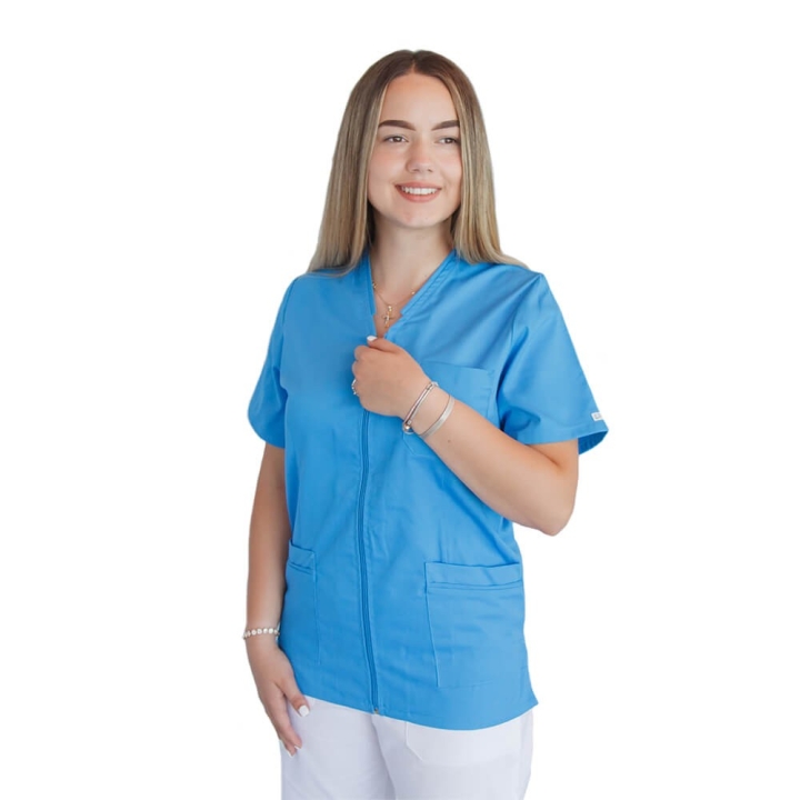 Bluza in V cu fermoar si maneca scurta, Lotus 1, albastru deschis - imagine 1