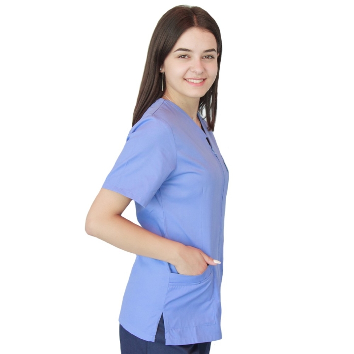 Bluza in V cu fermoar si maneca scurta, Lotus 1, albastru ciel - imagine 1