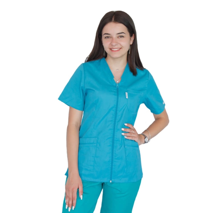 Bluza in V cu fermoar si maneca scurta, Lotus 1, turcoaz - imagine 1