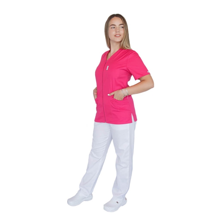 Bluza in V cu fermoar si maneca scurta, Lotus 1, fucsia - imagine 2