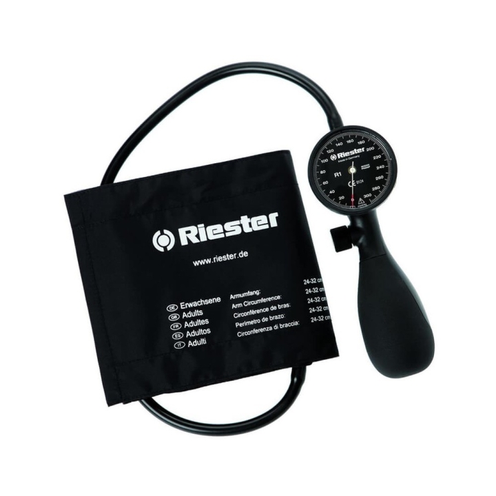 Tensiometru mecanic Riester R1 Shock-Proof®, negru, manseta cu inchidere velcro, marime adulti - imagine 1