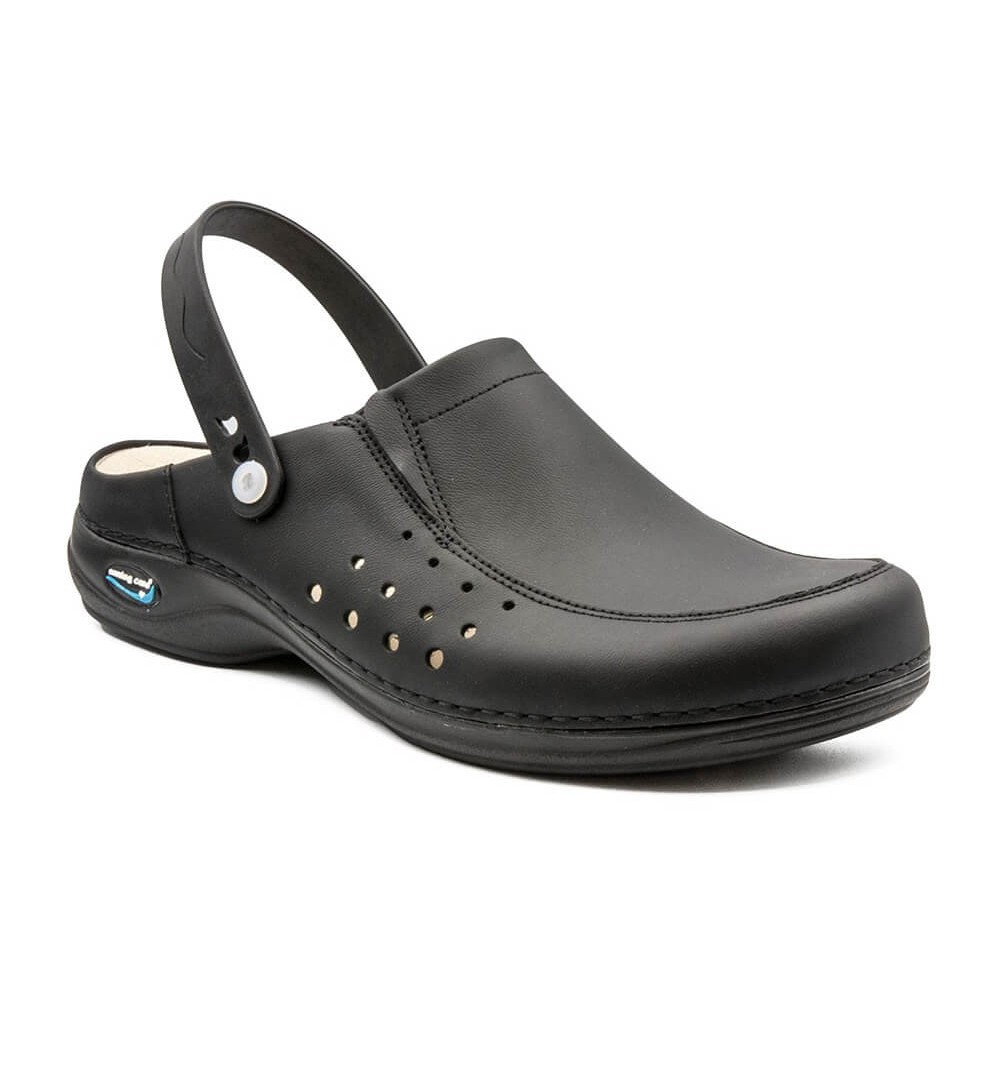 Saboti medicali din piele naturala, lavabili, cu bareta Nursingcare Wash'Go Berlin, negru