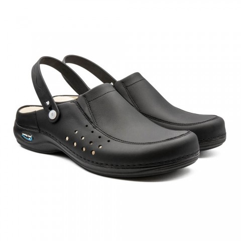 Saboti medicali din piele naturala, lavabili, cu bareta Nursingcare Wash'Go Berlin, negru