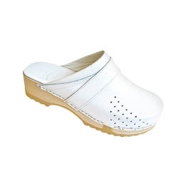 Saboti medicali unisex, din piele, cu talpa lemn si cauciuc, Leon PG500, alb