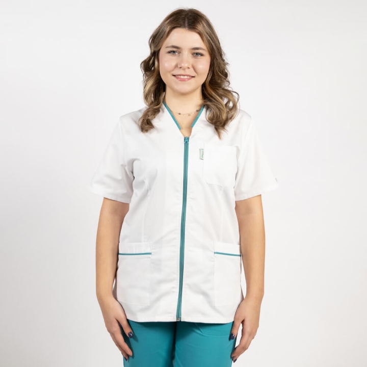 Bluza in V cu fermoar, maneca scurta si paspol turcoaz, Lotus 2, alb - imagine 2