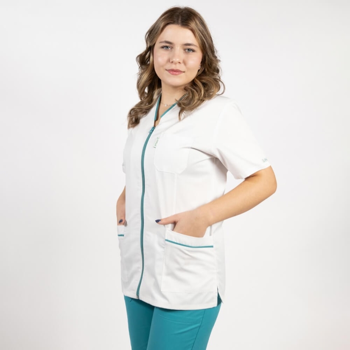 Bluza in V cu fermoar, maneca scurta si paspol turcoaz, Lotus 2, alb - imagine 5