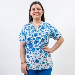 Bluza medicala imprimata, bumbac si elastan, guler in V, Spring
