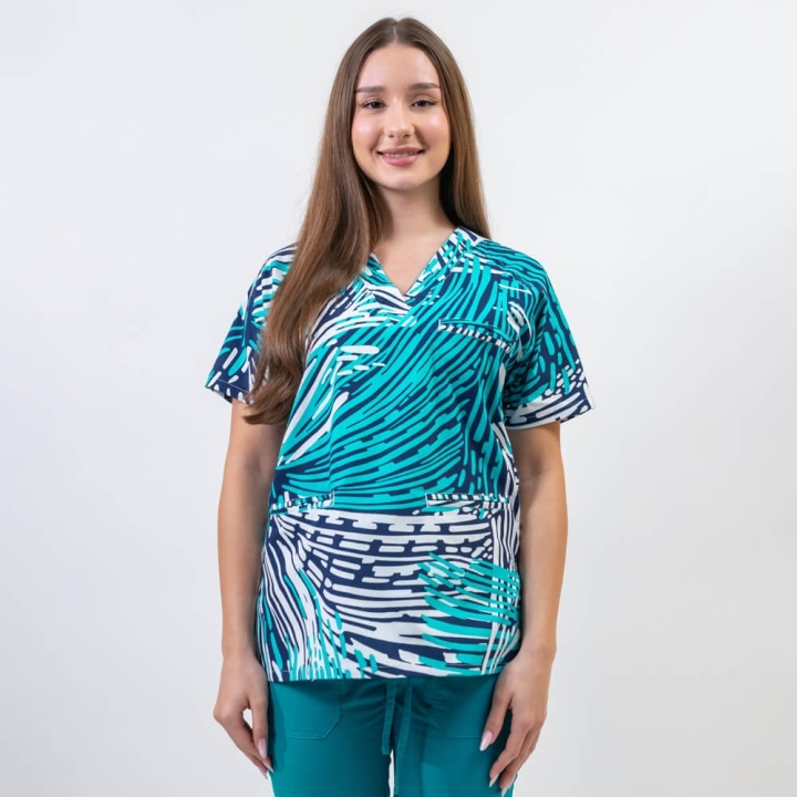 Bluza medicala imprimata Lotus 1, guler in V, Straight Motion - imagine 2