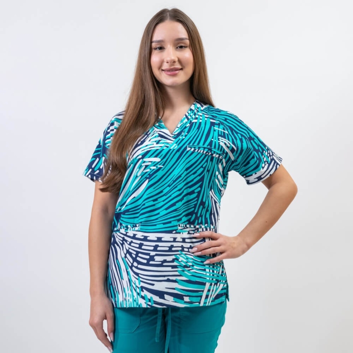 Bluza medicala imprimata Lotus 1, guler in V, Straight Motion - imagine 1