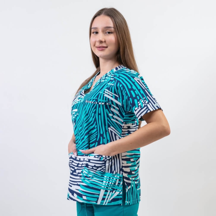 Bluza medicala imprimata Lotus 1, guler in V, Straight Motion - imagine 3