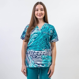 Bluza medicala imprimata, bumbac si elastan, guler in V, Straight Motion