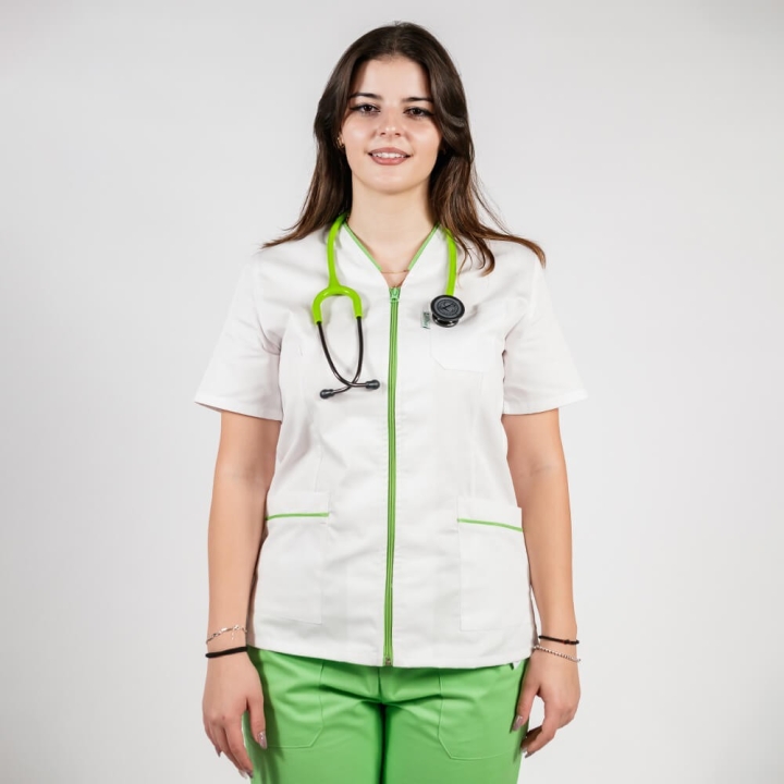 Bluza in V cu fermoar, maneca scurta si paspol verde island, Lotus 2, alb - imagine 2