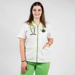 Bluza in V cu fermoar, maneca scurta si paspol verde island, Lotus 2, alb