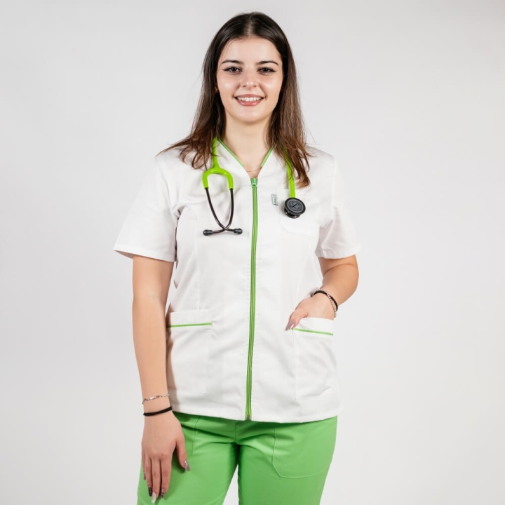 Bluza in V cu fermoar, maneca scurta si paspol verde island, Lotus 2, alb - imagine 1