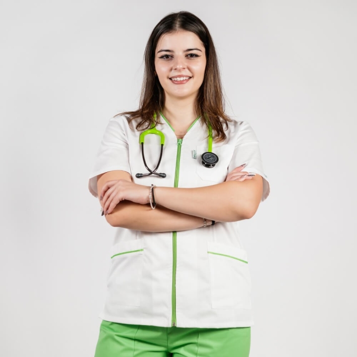 Bluza in V cu fermoar, maneca scurta si paspol verde island, Lotus 2, alb - imagine 3