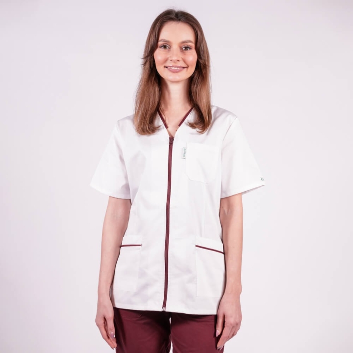 Bluza in V cu fermoar, maneca scurta si paspol visiniu, Lotus 2, alb - imagine 2