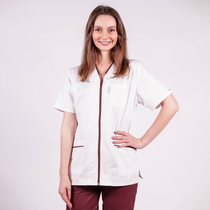 Bluza in V cu fermoar, maneca scurta si paspol visiniu, Lotus 2, alb - imagine 1