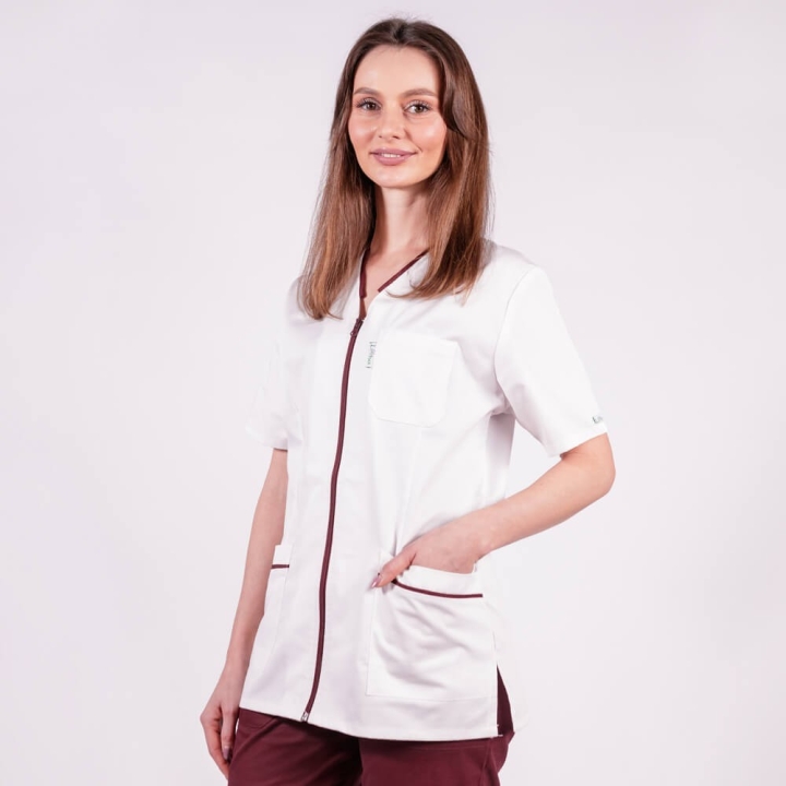 Bluza in V cu fermoar, maneca scurta si paspol visiniu, Lotus 2, alb - imagine 3