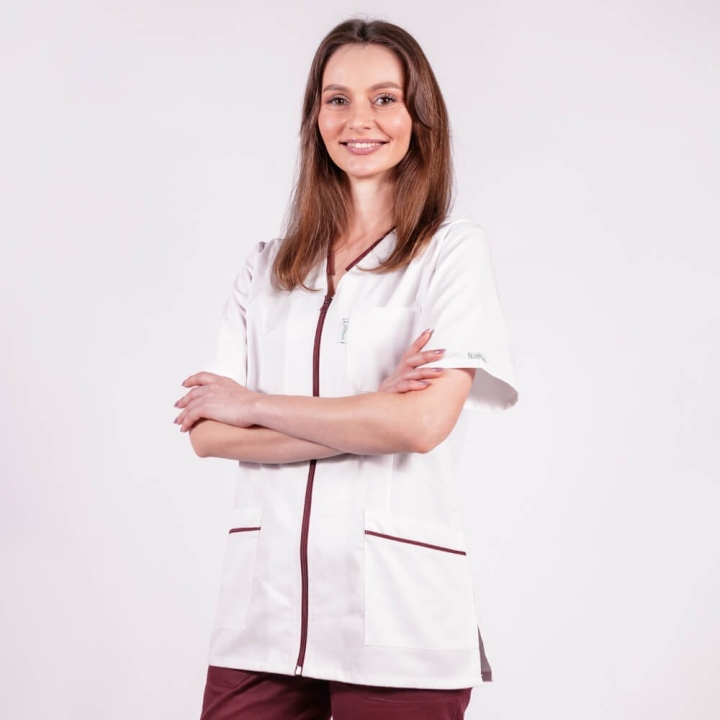 Bluza in V cu fermoar, maneca scurta si paspol visiniu, Lotus 2, alb - imagine 4