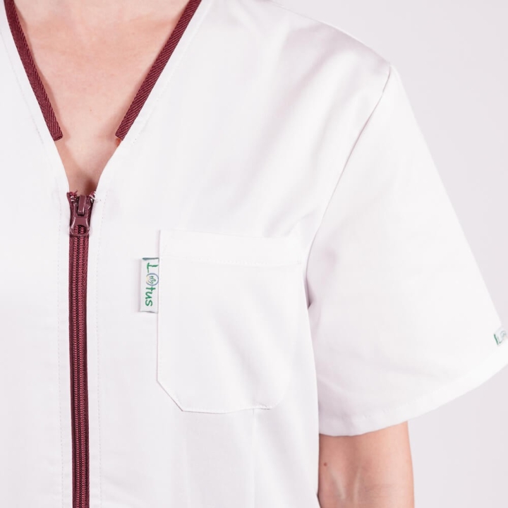 Bluza in V cu fermoar, maneca scurta si paspol visiniu, Lotus 2, alb - imagine 5