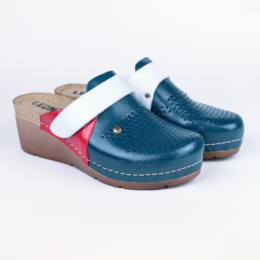 Saboti medicali Leon 1001, de dama, din piele, bleumarin/alb/rosu