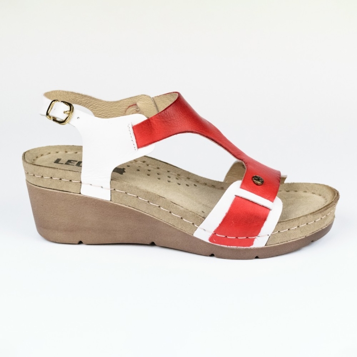 Sandale dama, din piele, de vara, Leon 1010, alb/rosu - imagine 4