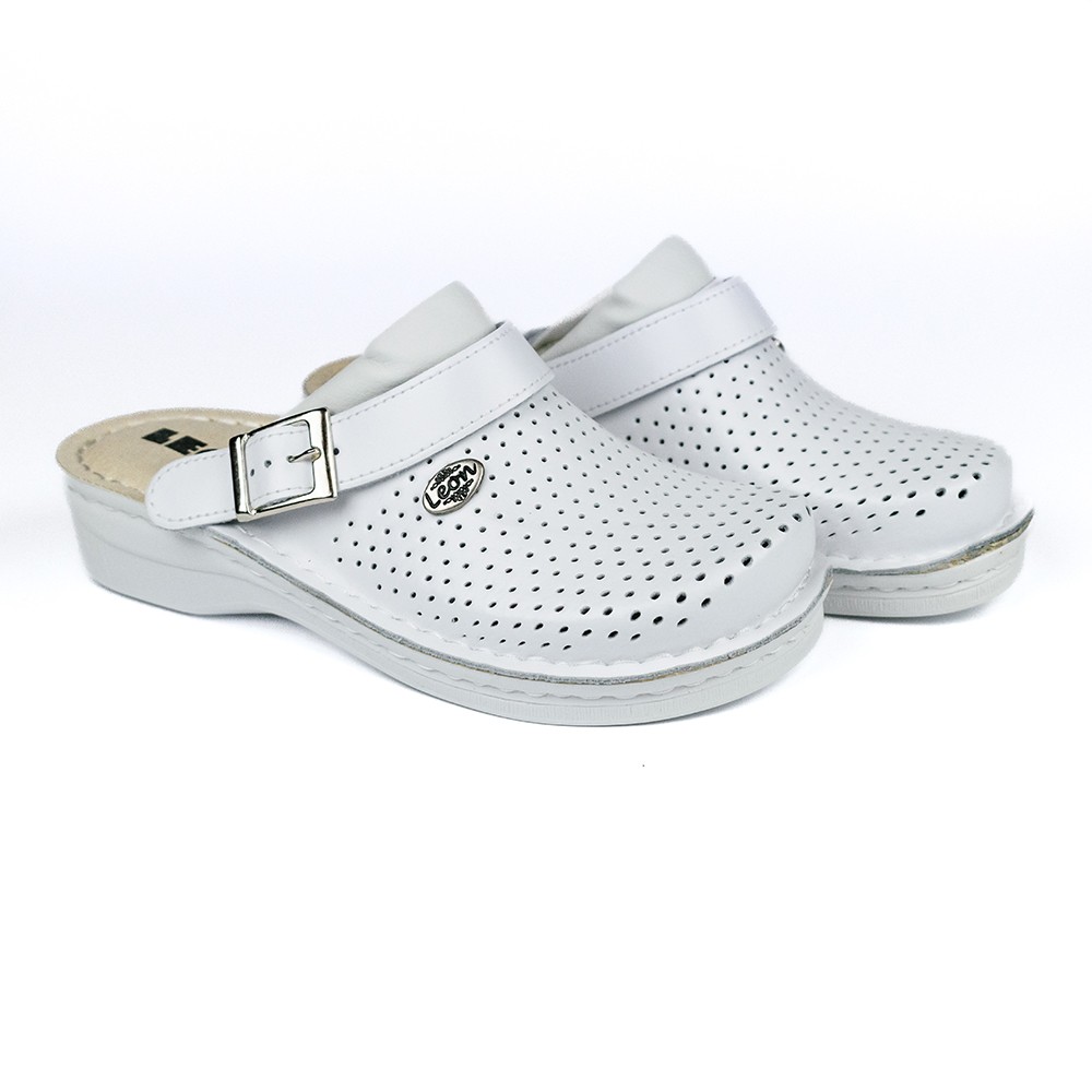 Saboti medicali, de dama, din piele, cu bareta, Leon V202, alb perforat