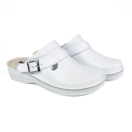 Saboti medicali, unisex, din piele, cu bareta, Leon V202, alb neperforat