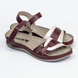 Sandale dama Leon 961, de vara, din piele, bordo/alb