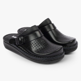 Saboti medicali, de dama, din piele, cu bareta, Leon 300, negru