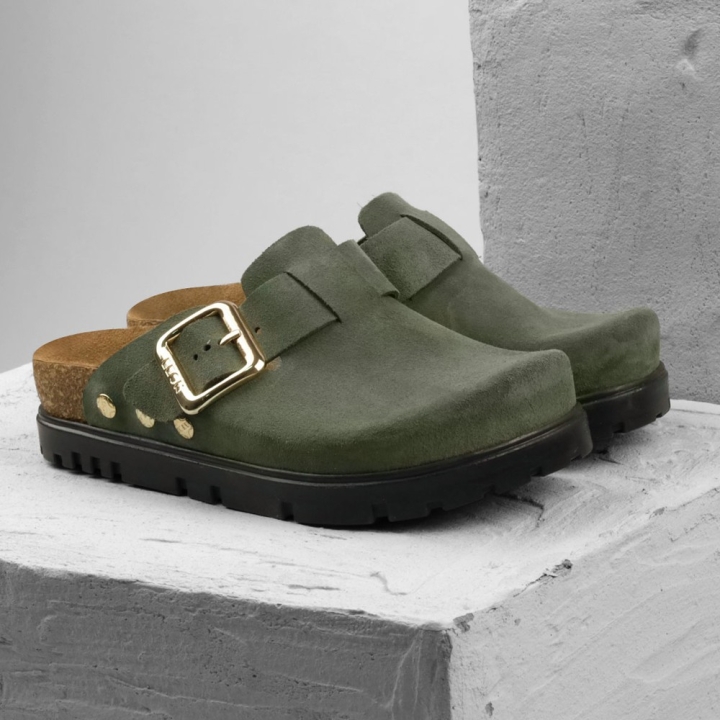 Saboti medicali, de dama, din piele, cu bareta, Leon 6006, verde - imagine 4